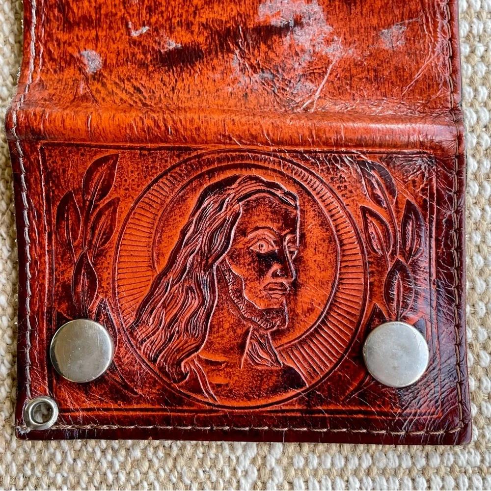 Vintage Brown Tooled Leather Jesus Trifold Wallet Snaps Men’s Made in U.S.A.